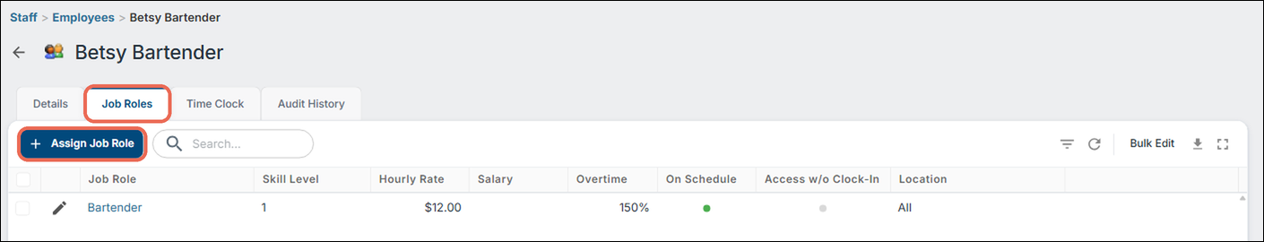 A saved employee's page in Backoffice: the Job Roles tab and the Assign Job Role button marked