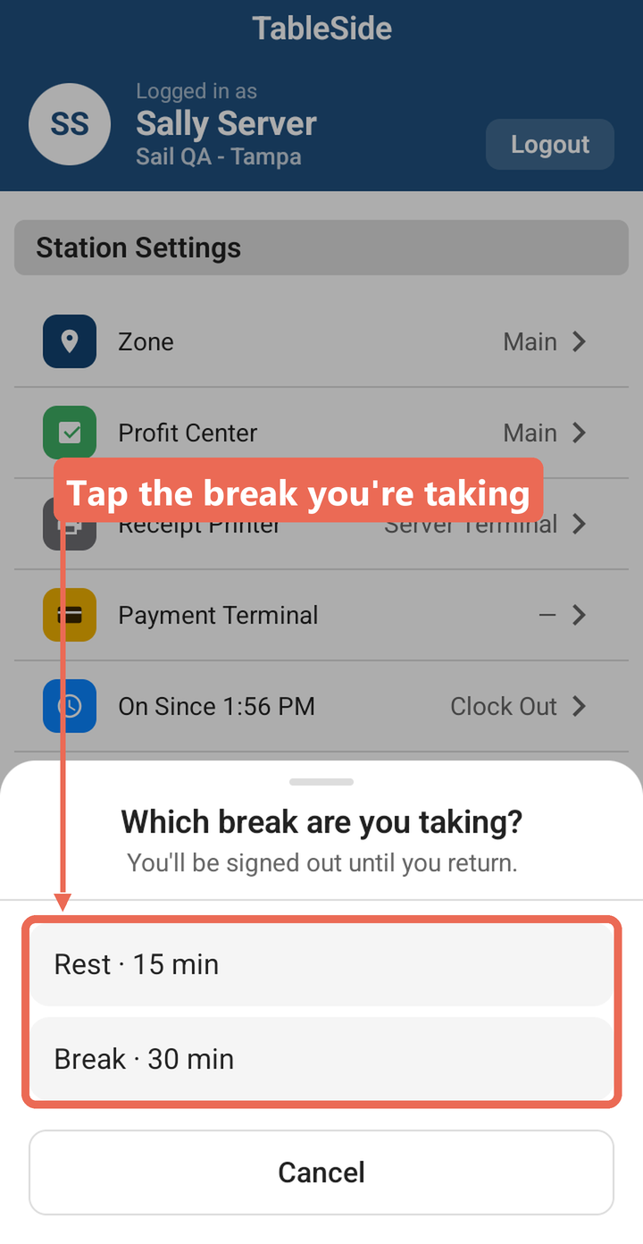 Which break are you taking? with the Rest 15 min and Break 30 min choices marked