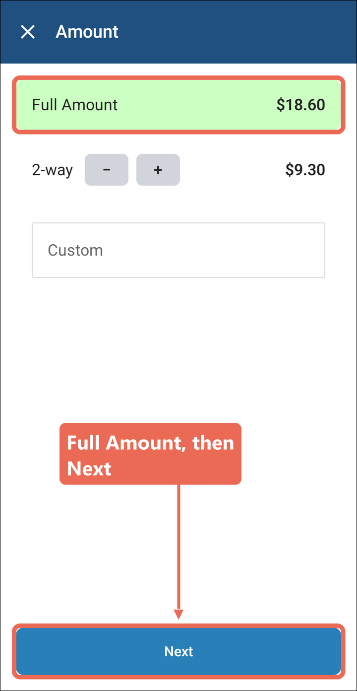 The Amount screen with Full Amount picked and Next marked