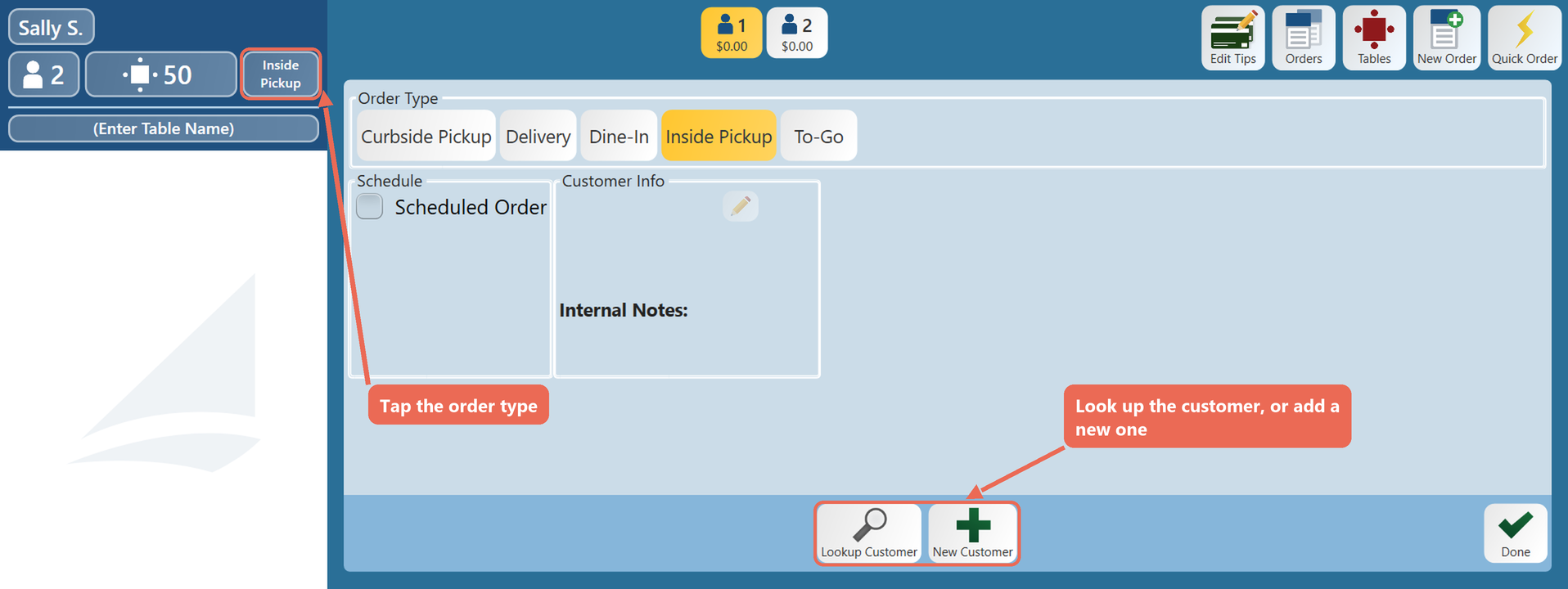 The Order Type window with the order type button at the top of the order boxed, and the Lookup Customer and New Customer buttons boxed