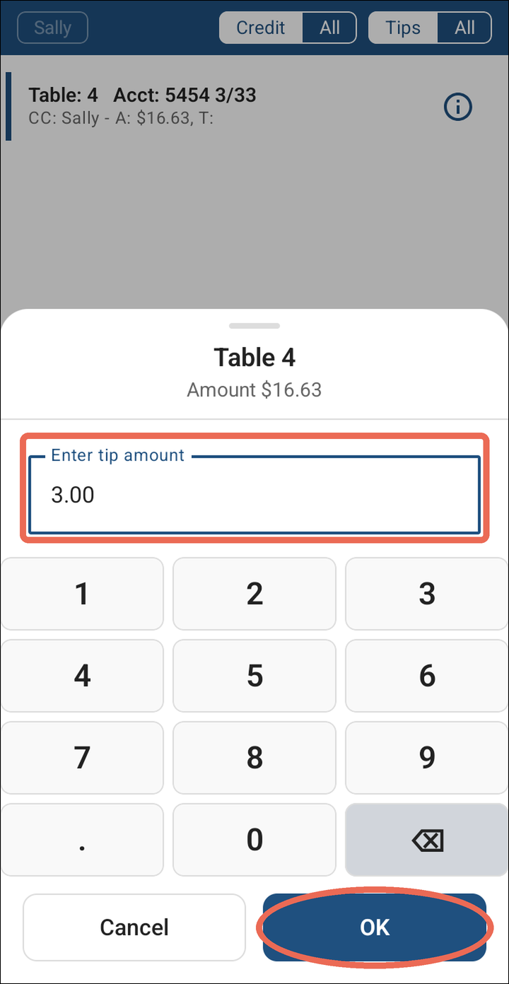 The tip window for Table 4 with 3.00 typed in, and OK marked