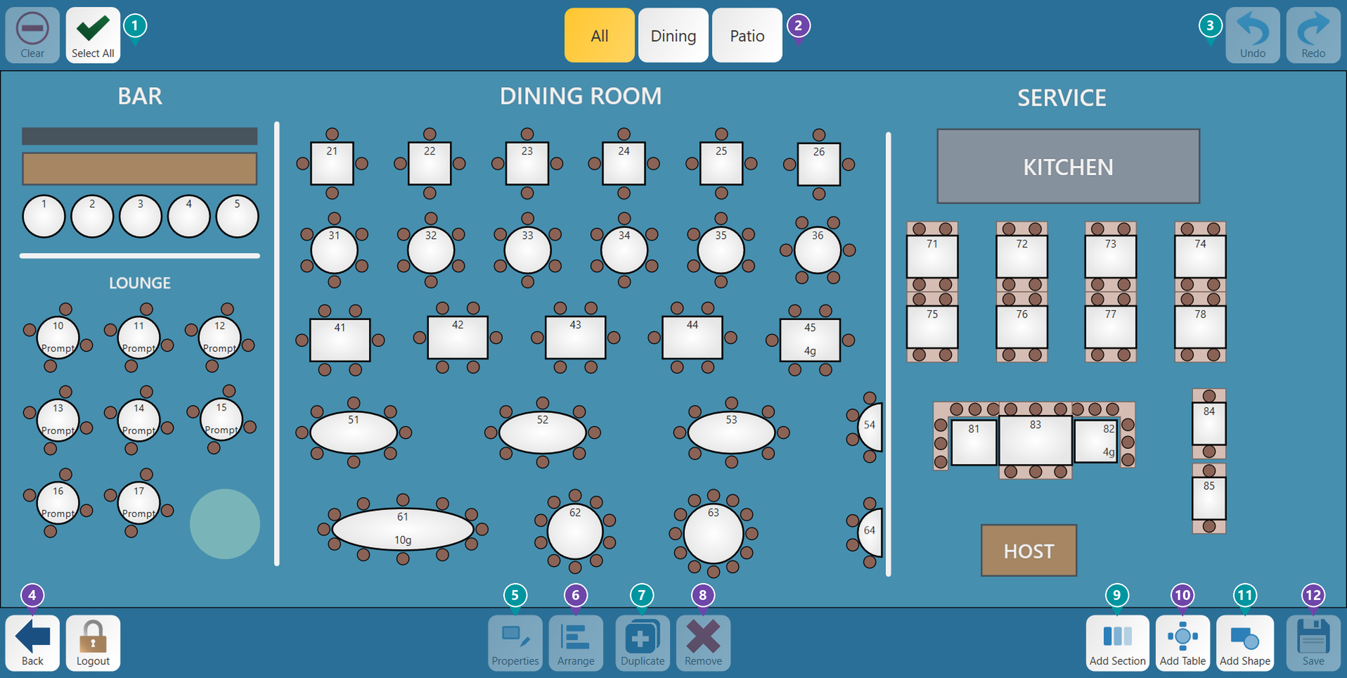 The table layout editor with numbered markers on its buttons