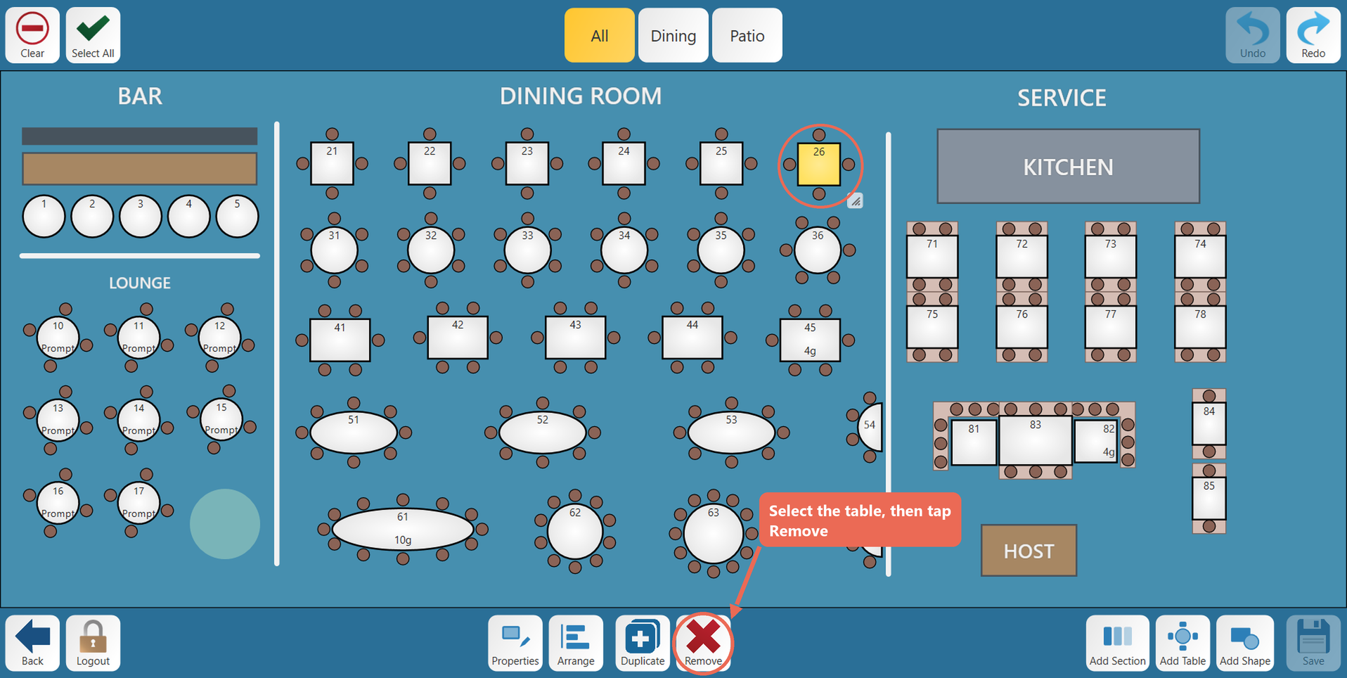 Table 26 selected and the Remove button circled