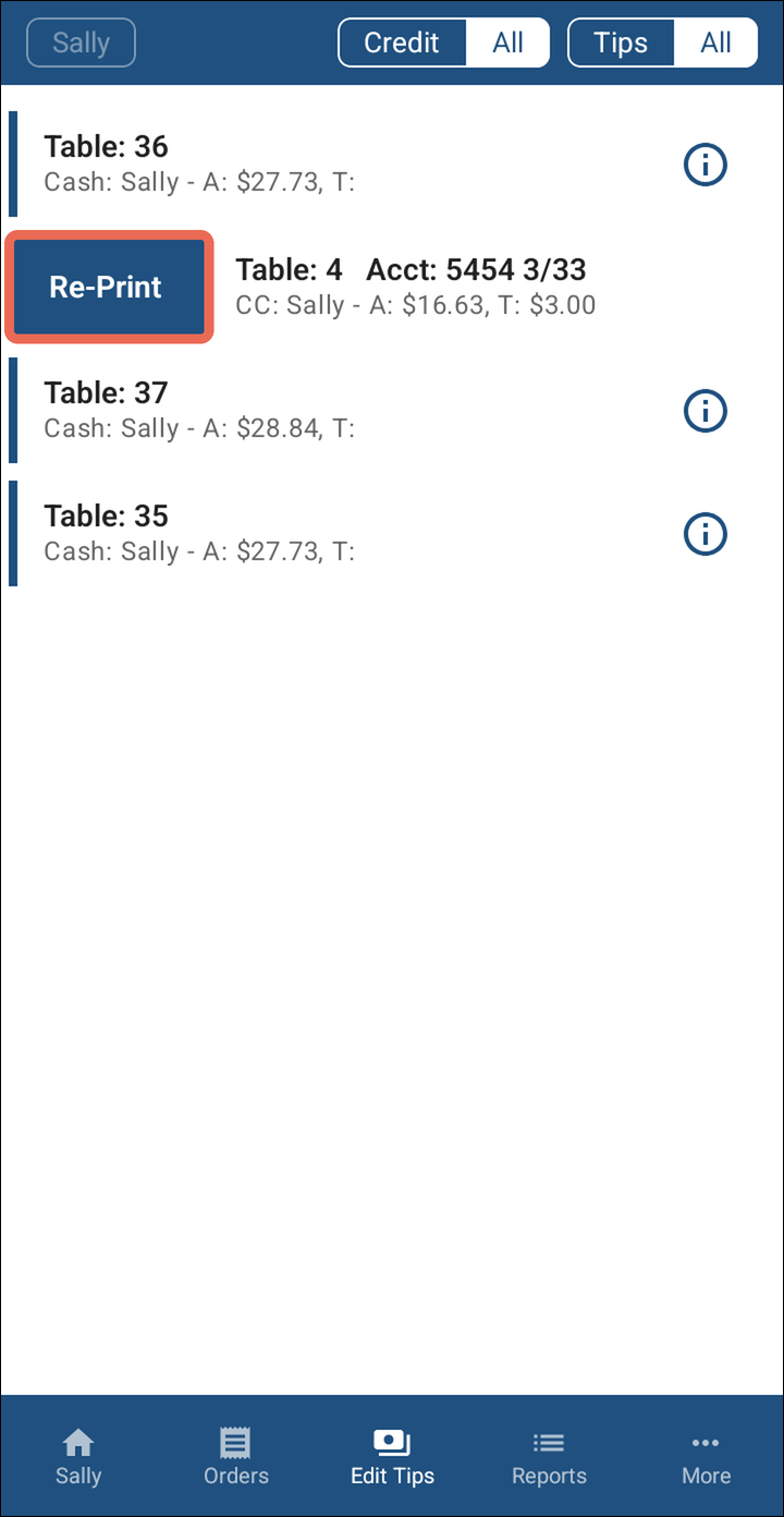 The card payment for table 4 slid to the right, with the Re-Print button marked