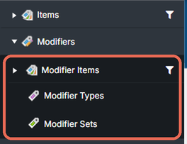 The Backoffice menu with Modifiers open: Modifier Items, Modifier Types and Modifier Sets