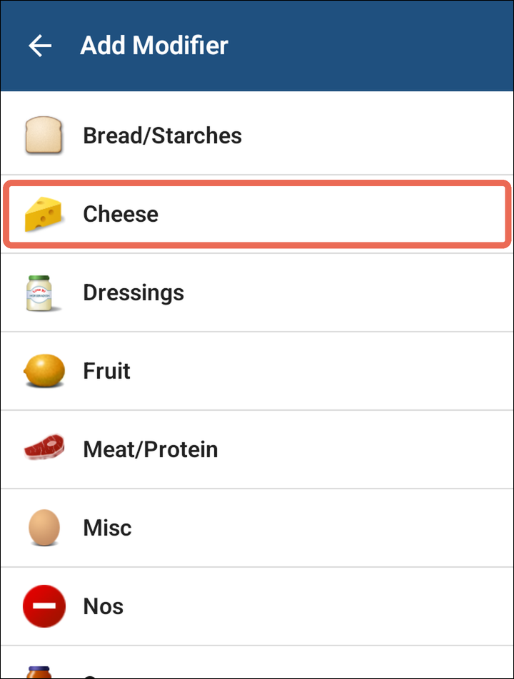 The Add Modifier list of ingredient groups with Cheese marked