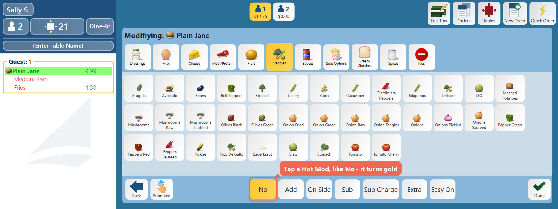 The Modify screen on the Veggies tab with the No Hot Mod button in gold and boxed
