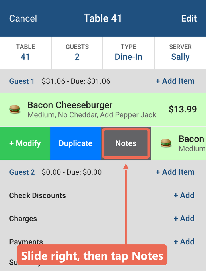 The second Bacon Cheeseburger slid to the right with Notes marked