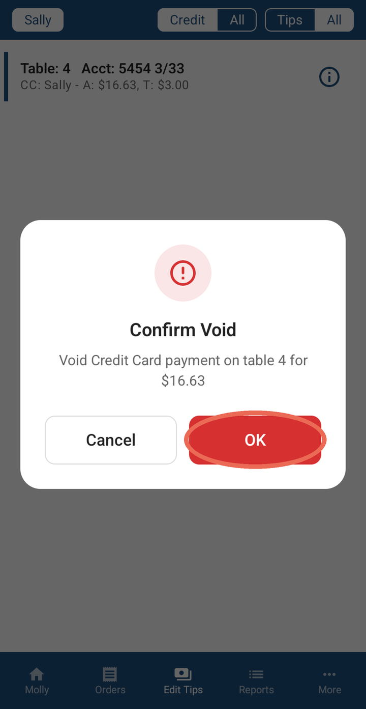 Confirm Void: Void Credit Card payment on table 4 for $16.63, with OK marked