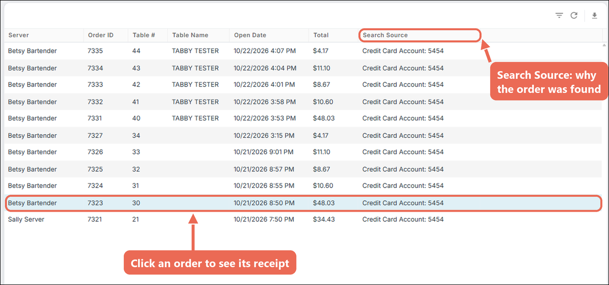 The orders found for 5454, each with Credit Card Account: 5454 in Search Source, and order 7323 clicked