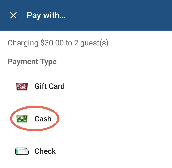The Pay with screen with Cash marked under Payment Type