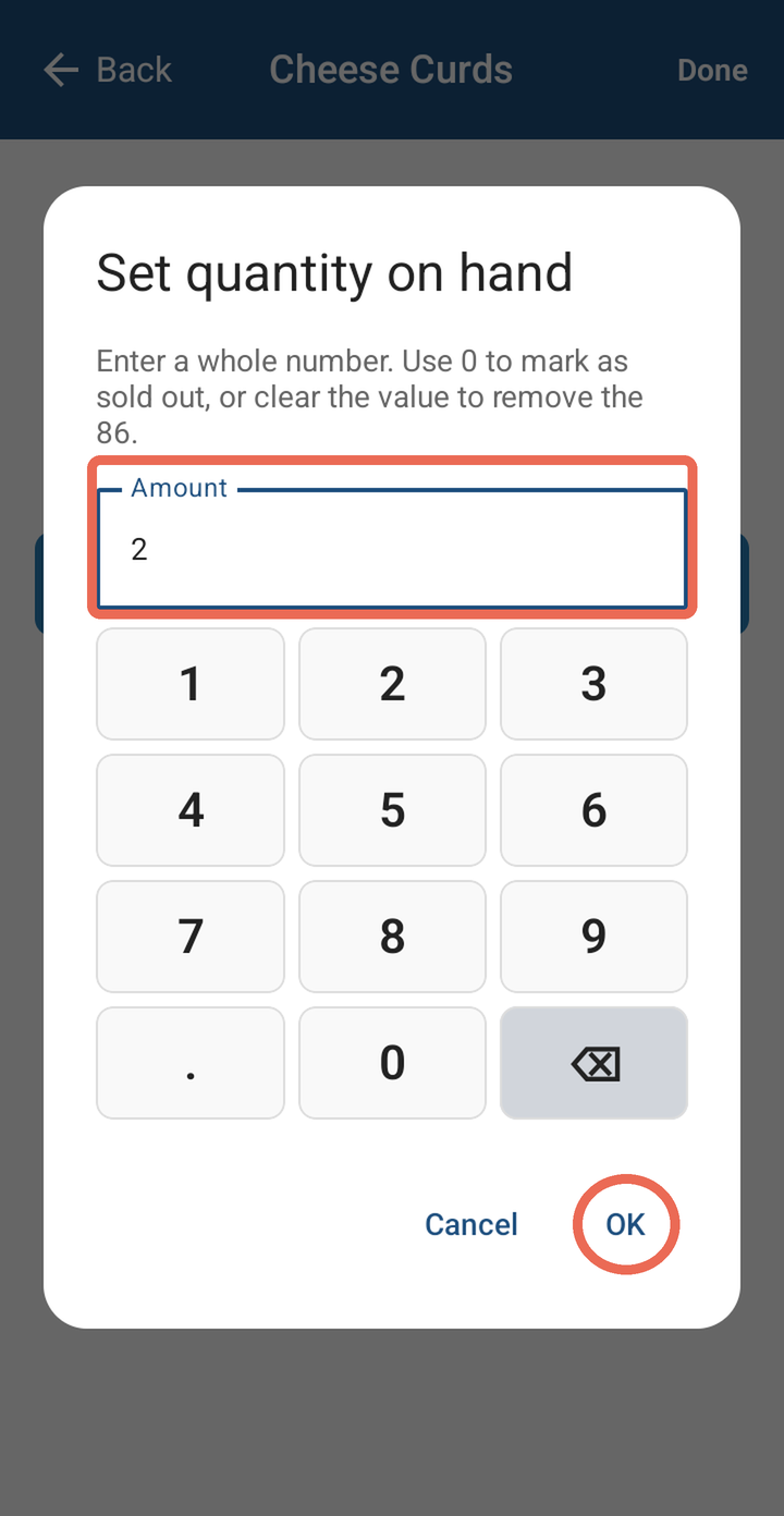 The Set quantity on hand window with 2 typed in the Amount box, and OK marked