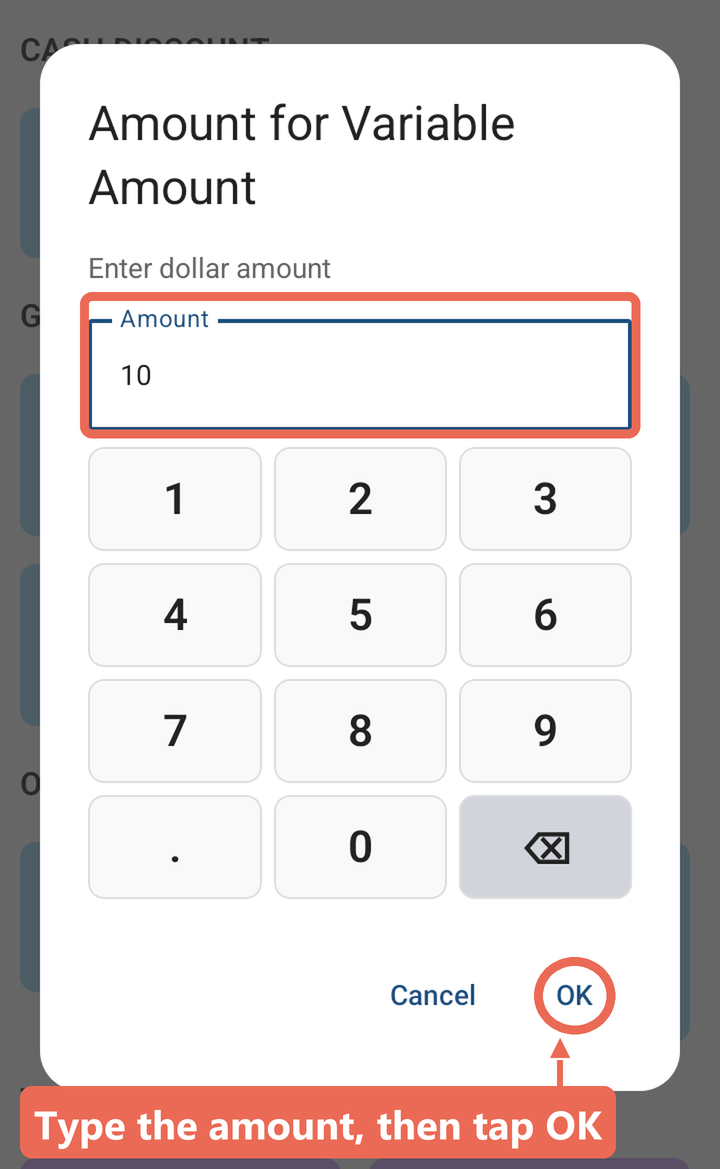 The amount window with 10 typed and the OK button marked