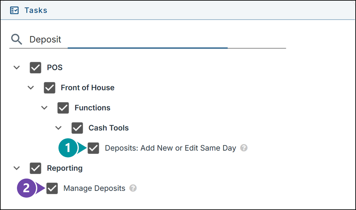 The Tasks list of the Manager job role searched for Deposit, with numbered markers on Deposits: Add New or Edit Same Day and Manage Deposits
