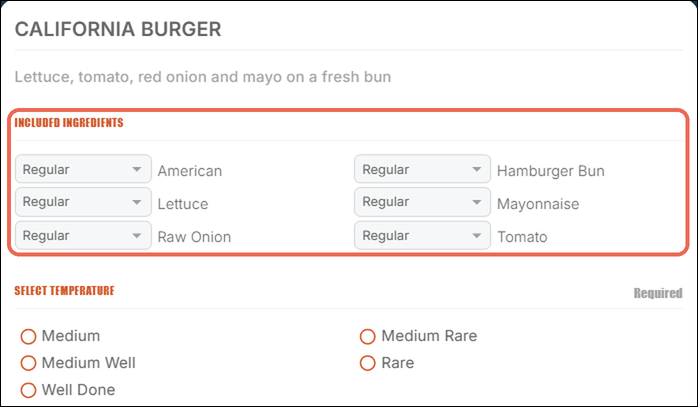 Online Ordering: Included Ingredients