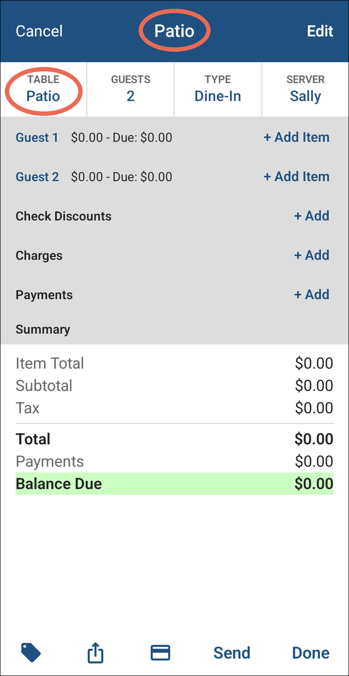 The order with the name Patio marked in the title and on the Table button