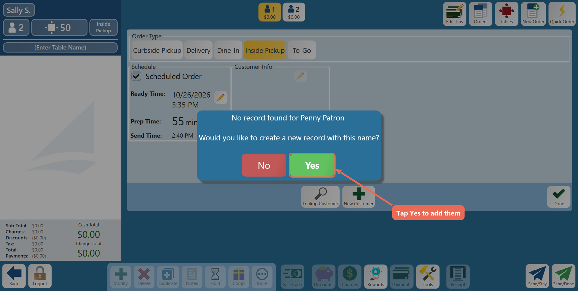 The message No record found for Penny Patron, Would you like to create a new record with this name, with the Yes button boxed