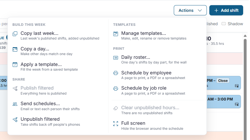 The Actions menu, with Apply a template under Build this week and Manage templates under Templates