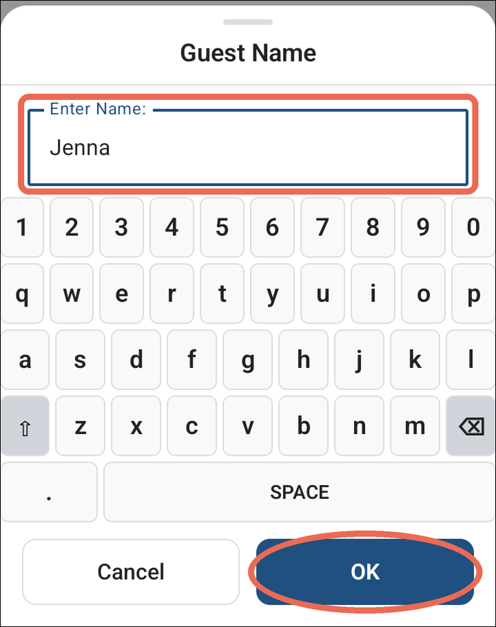The Guest Name window with Jenna entered and OK marked