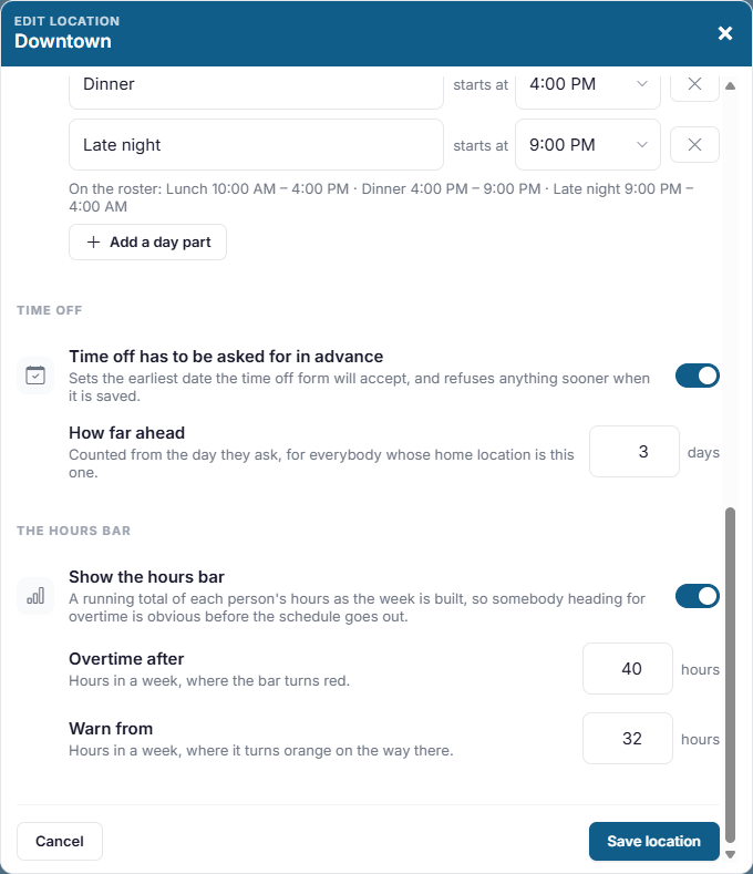 The time off and hours bar settings
