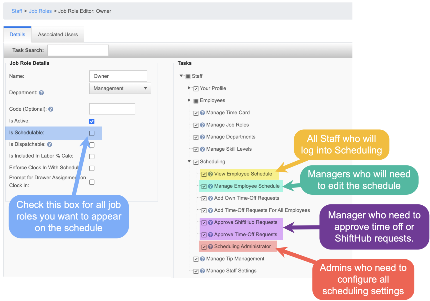A job role's scheduling settings in Sail Backoffice