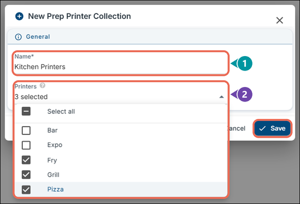 The New Prep Printer Collection window: Name Kitchen Printers marked 1, the Printers list open with Fry, Grill and Pizza checked marked 2, and the Save button marked