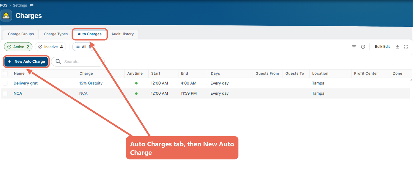 The Auto Charges tab with the New Auto Charge button marked