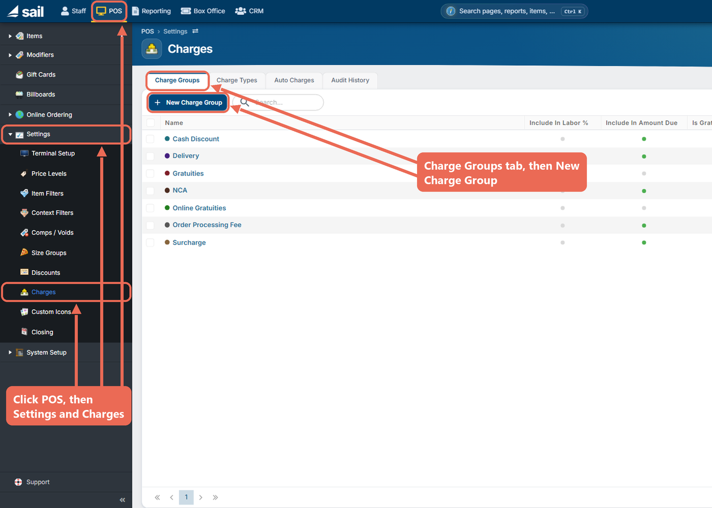 Backoffice with POS at the top and Settings and Charges in the left menu marked, and the Charge Groups tab and New Charge Group button marked