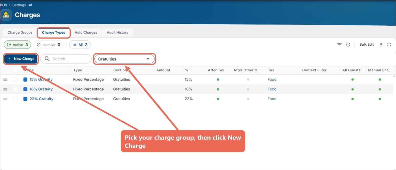 The Charge Types tab with the charge group drop-down set to Gratuities, and the New Charge button marked