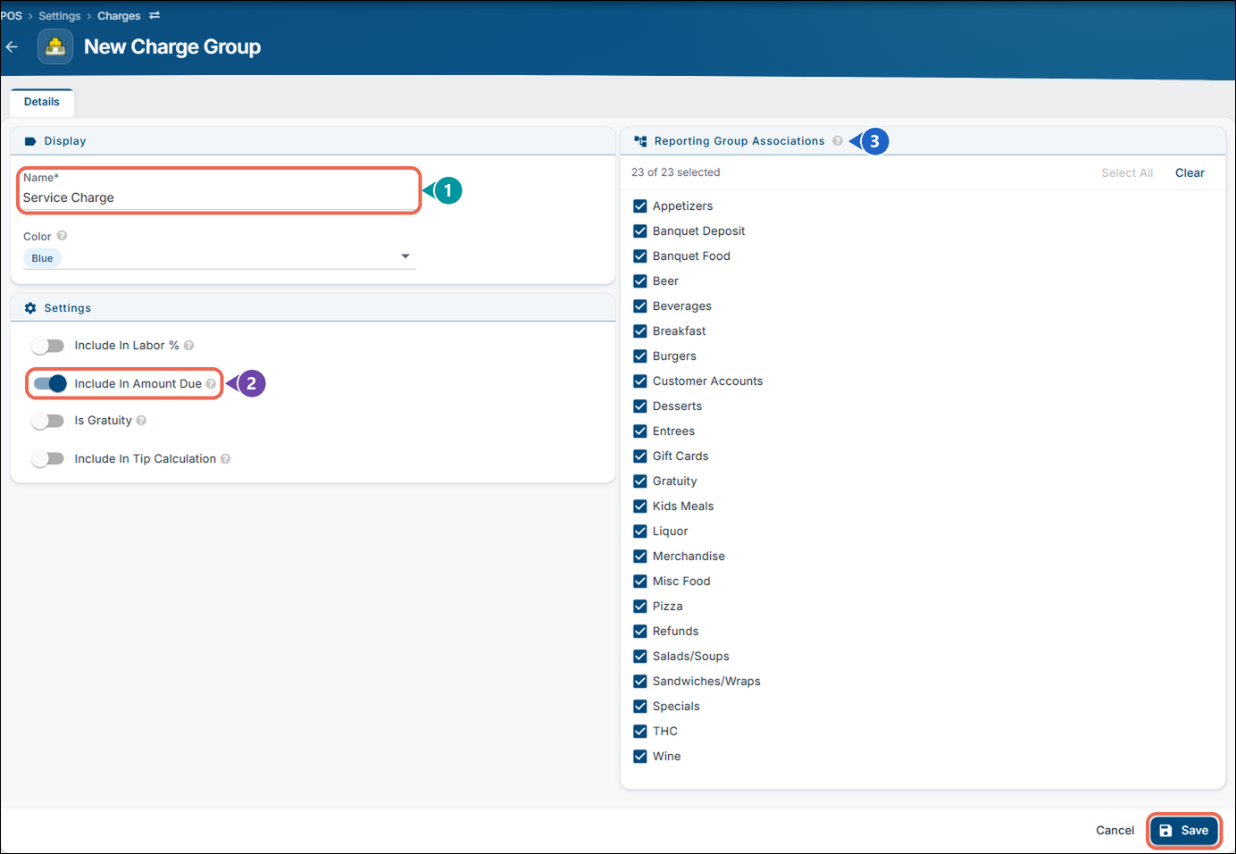 The New Charge Group page filled in for Service Charge: Name marked 1, Include In Amount Due turned on and marked 2, Reporting Group Associations marked 3, and the Save button marked