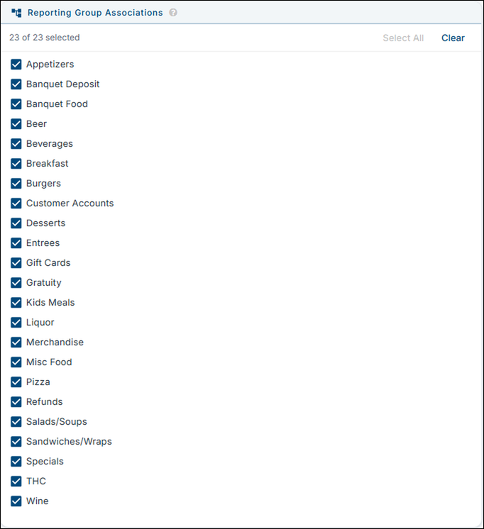 The Reporting Group Associations box with all 23 reporting groups checked, and the Select All and Clear links
