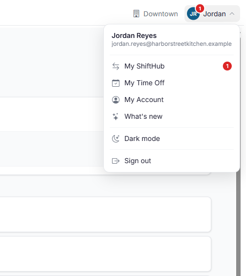 The account menu