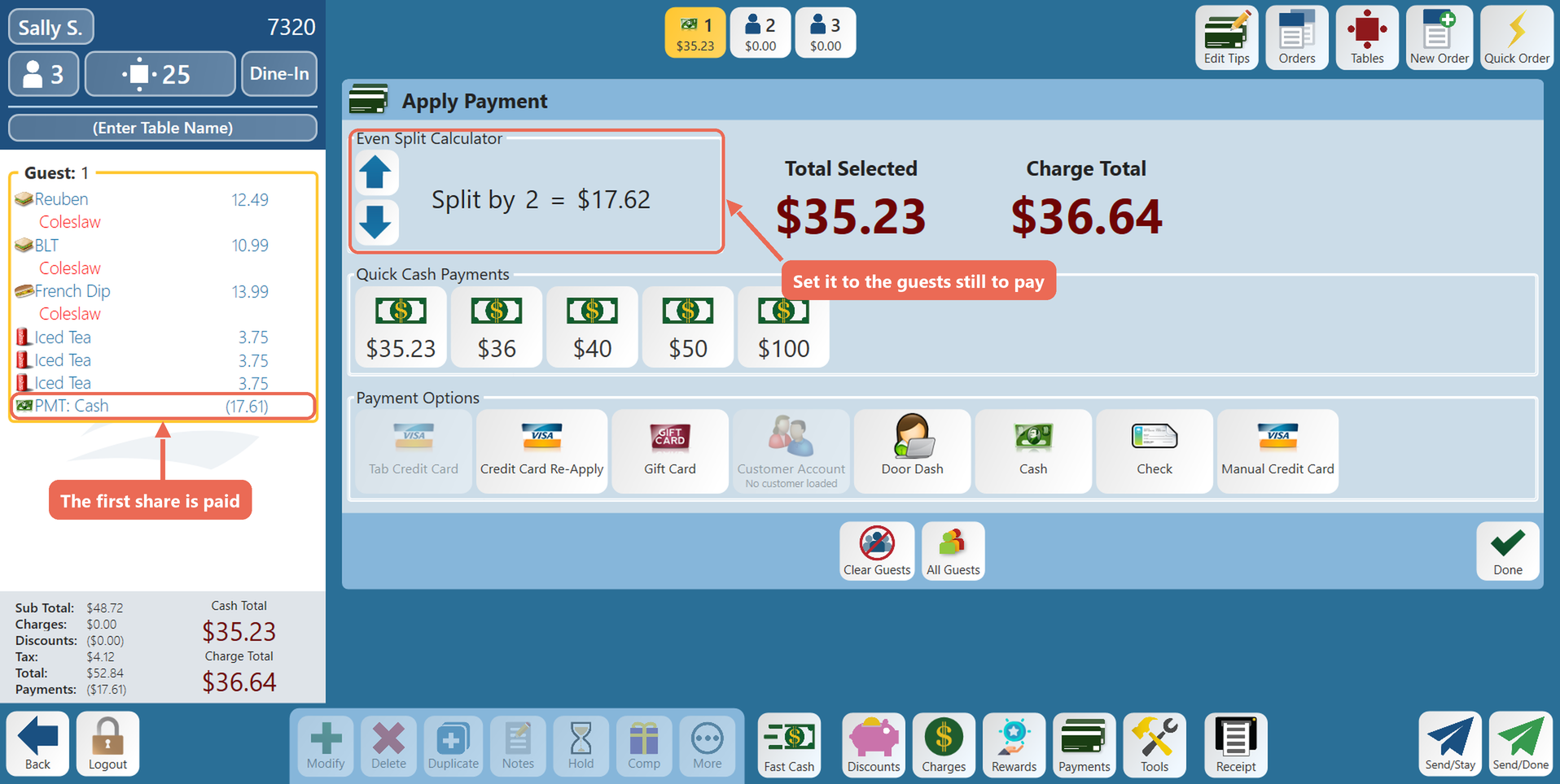 The Payments screen after the first share: the cash payment boxed on the order and the calculator set to Split by 2 = $17.62