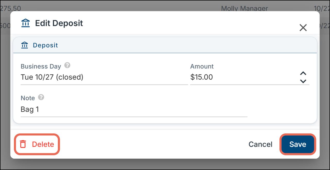 The Edit Deposit window for Tue 10/27 (closed) with Delete and Save boxed