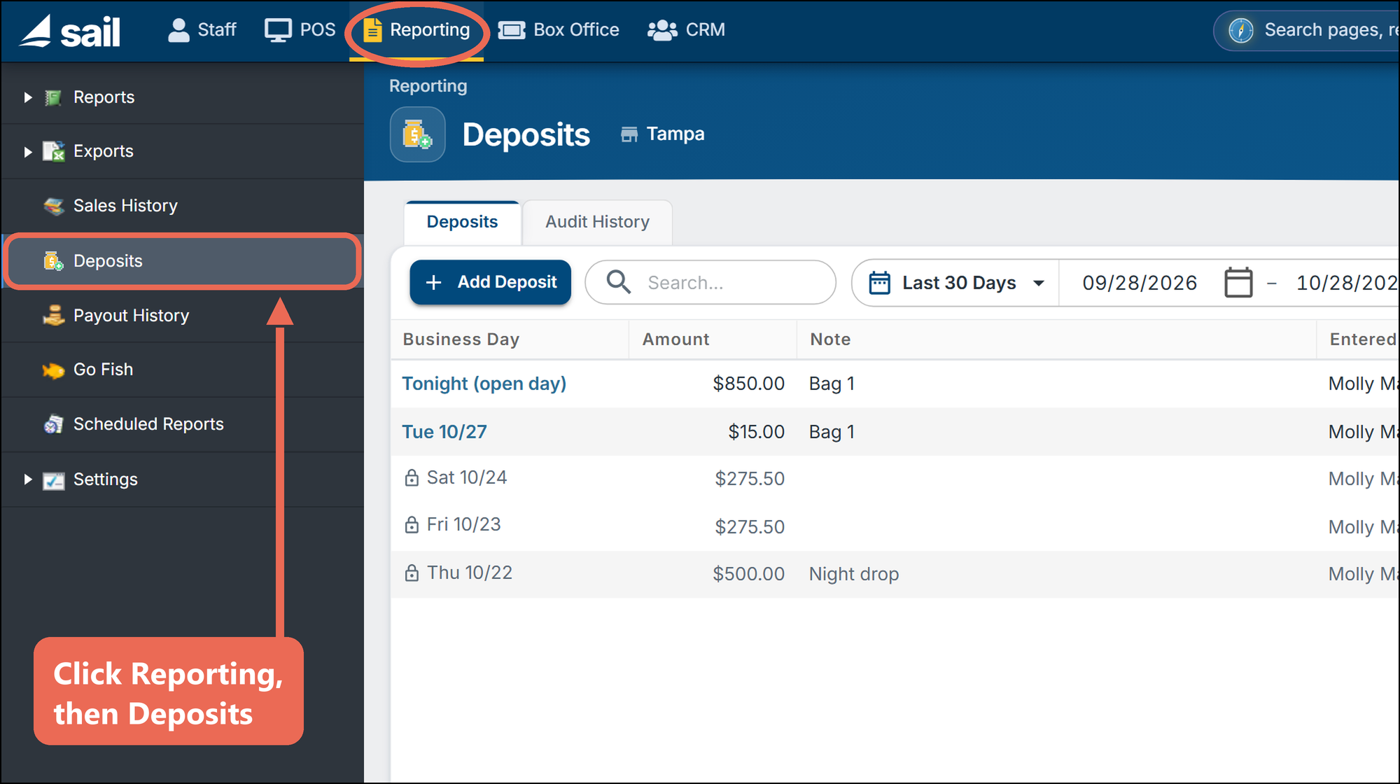 The top of Backoffice with Reporting circled, and Deposits marked in the menu on the left