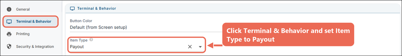 The Terminal & Behavior tab with Item Type set to Payout