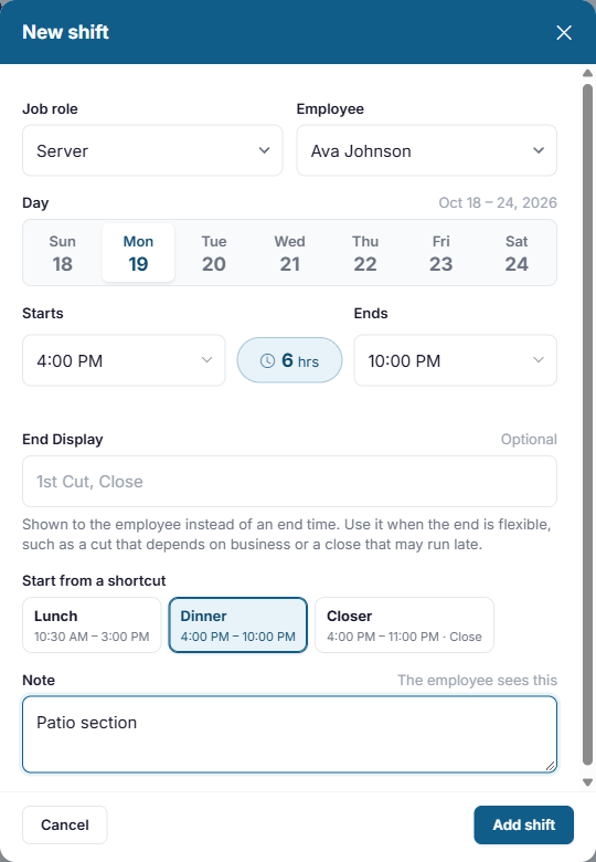 The New shift form filled in from the Dinner shortcut, with a note