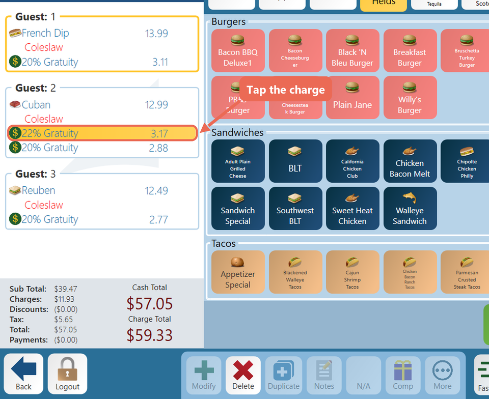 The 22% Gratuity line on Guest 2 selected and marked