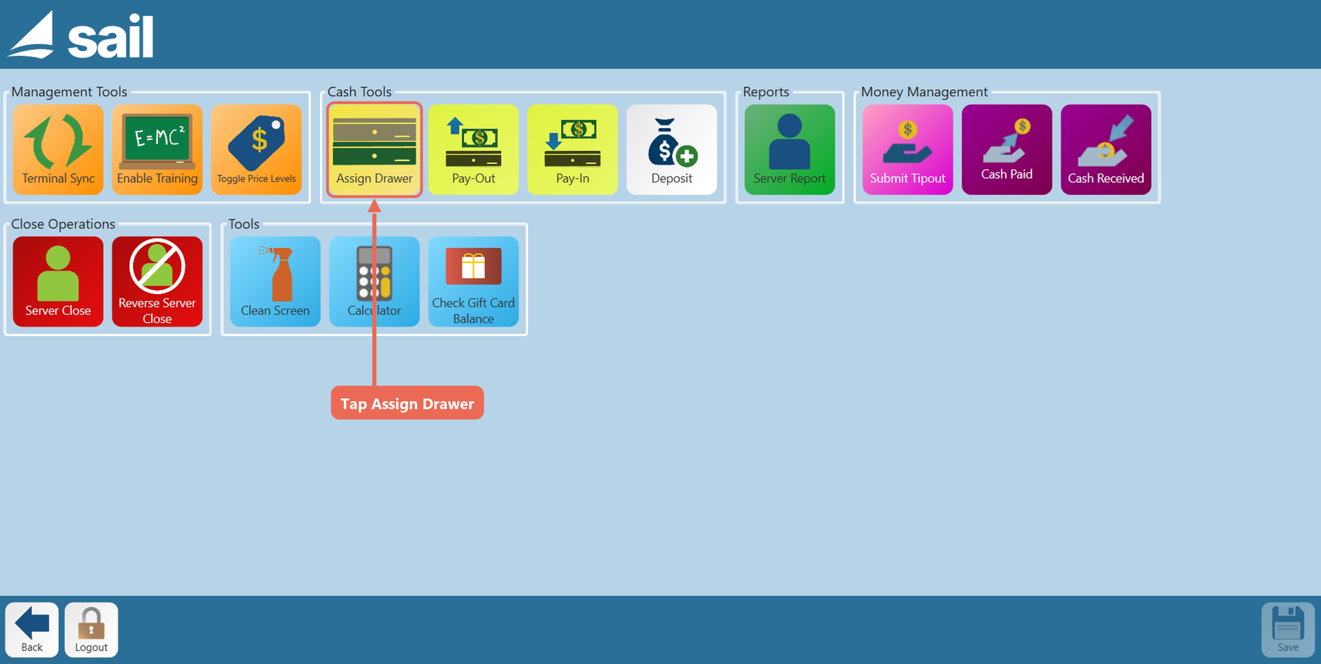 The Functions screen with the Assign Drawer button under Cash Tools boxed