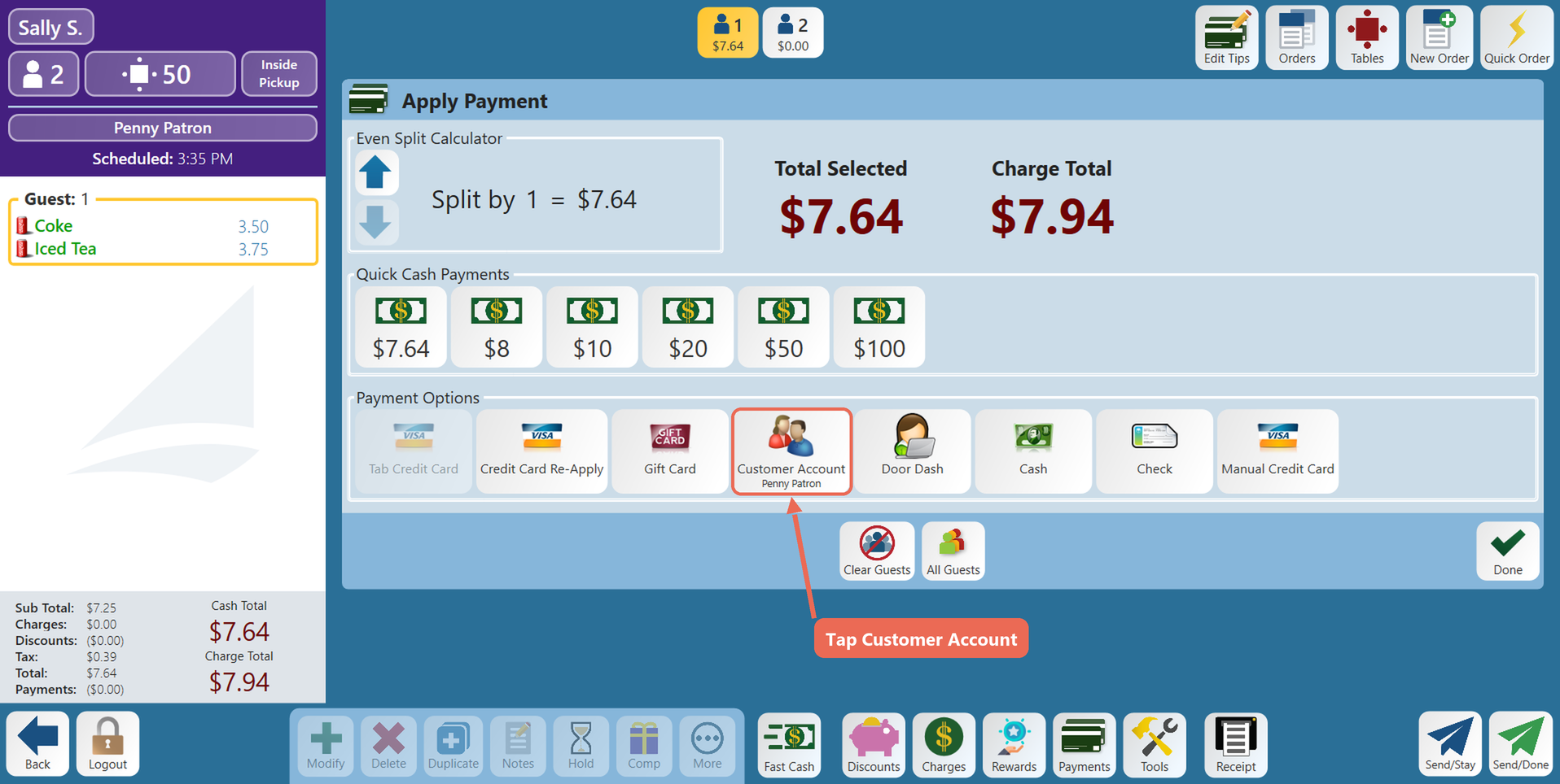 The Payments screen with the Customer Account button, showing Penny Patron under it, boxed