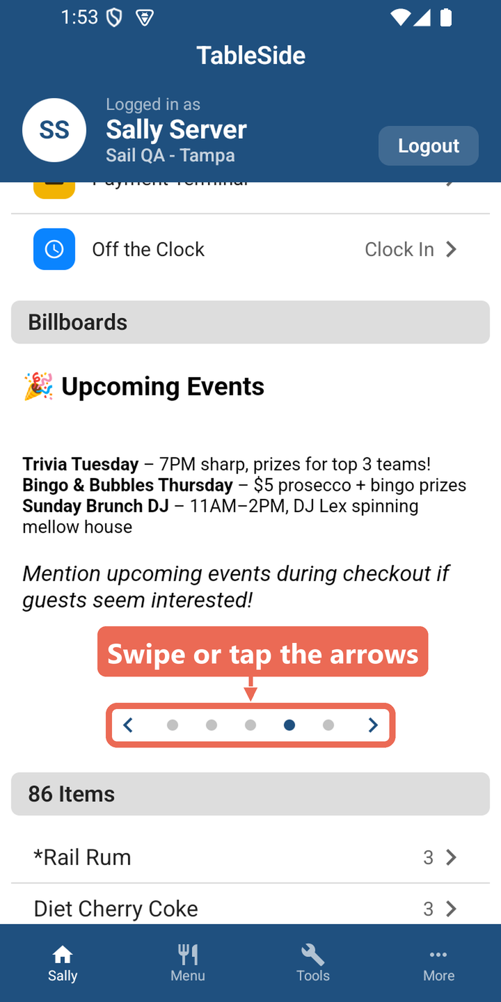 The handheld's home screen with the Upcoming Events billboard under Billboards and the arrows under it marked