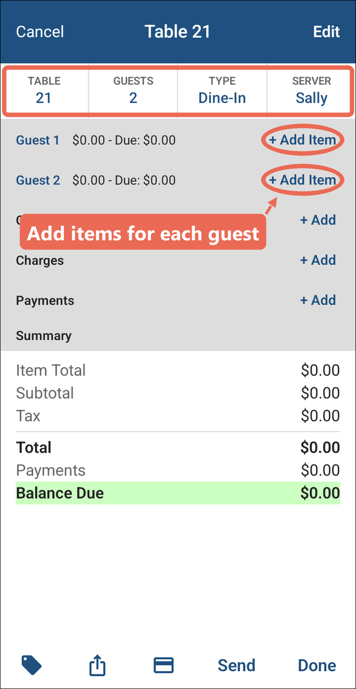 A new order for Table 21 with 2 guests, with + Add Item marked next to each guest