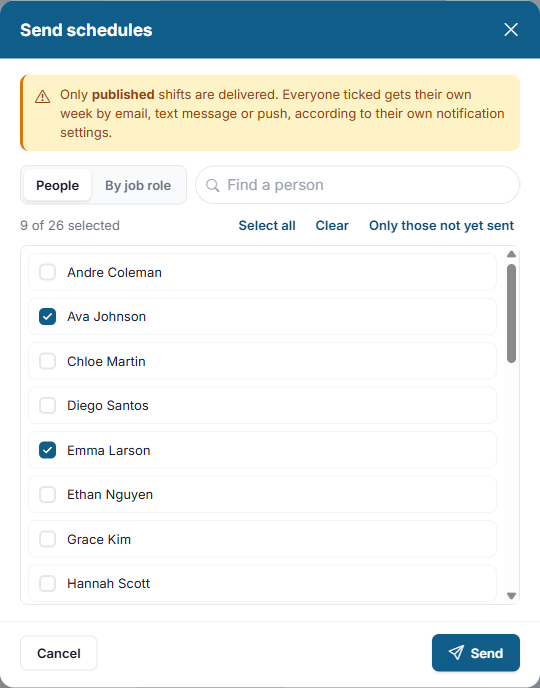 The Send schedules window