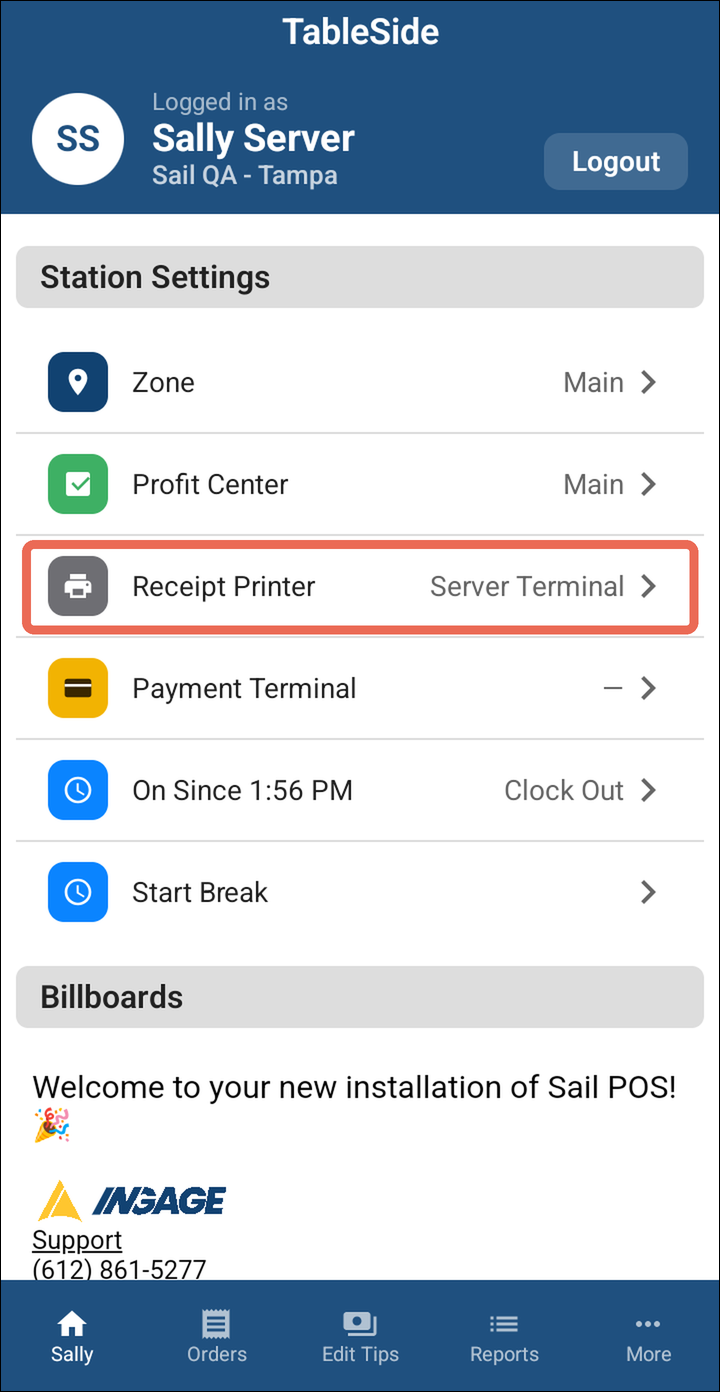 The Welcome screen with Receipt Printer marked under Station Settings