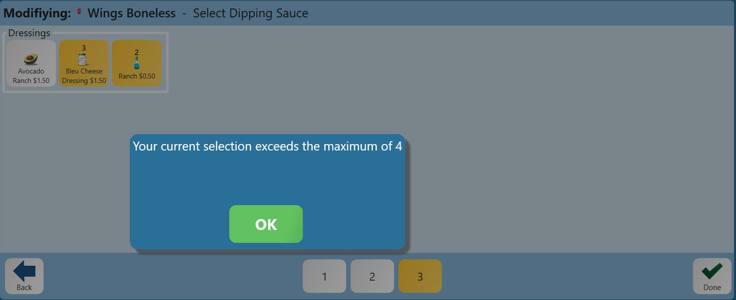 The message Your current selection exceeds the maximum of 4 on the Select Dipping Sauce prompt