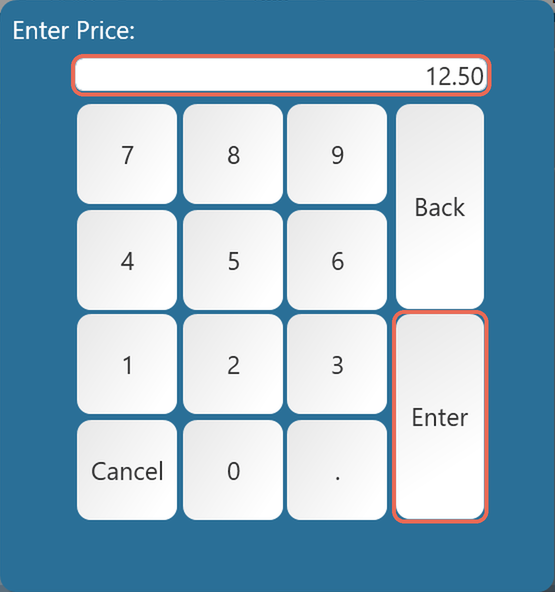 The Enter Price keypad with 12.50 typed in and the Enter key boxed