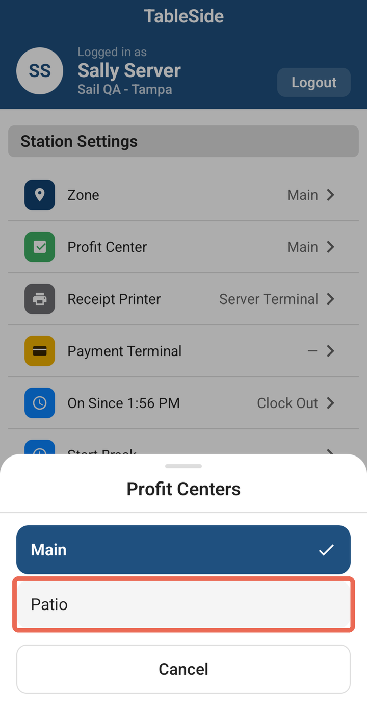 The Profit Centers list with Patio marked
