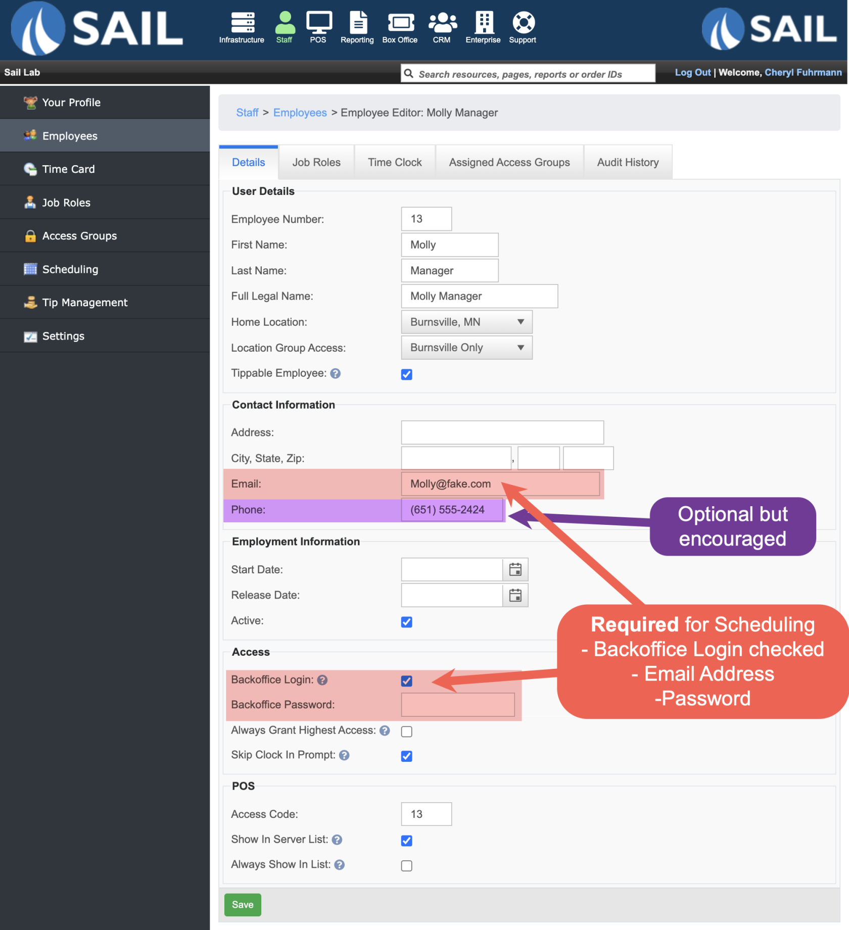 An employee's details in Sail Backoffice