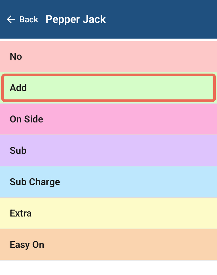 The list of choices for Pepper Jack with Add marked