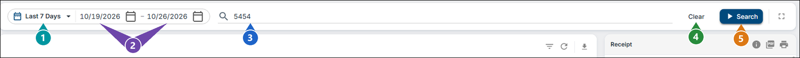The Go Fish search bar with Last 7 Days, the dates 10/19/2026 to 10/26/2026 and 5454 in the search box, with numbers on the date range, the dates, the search box, Clear and Search